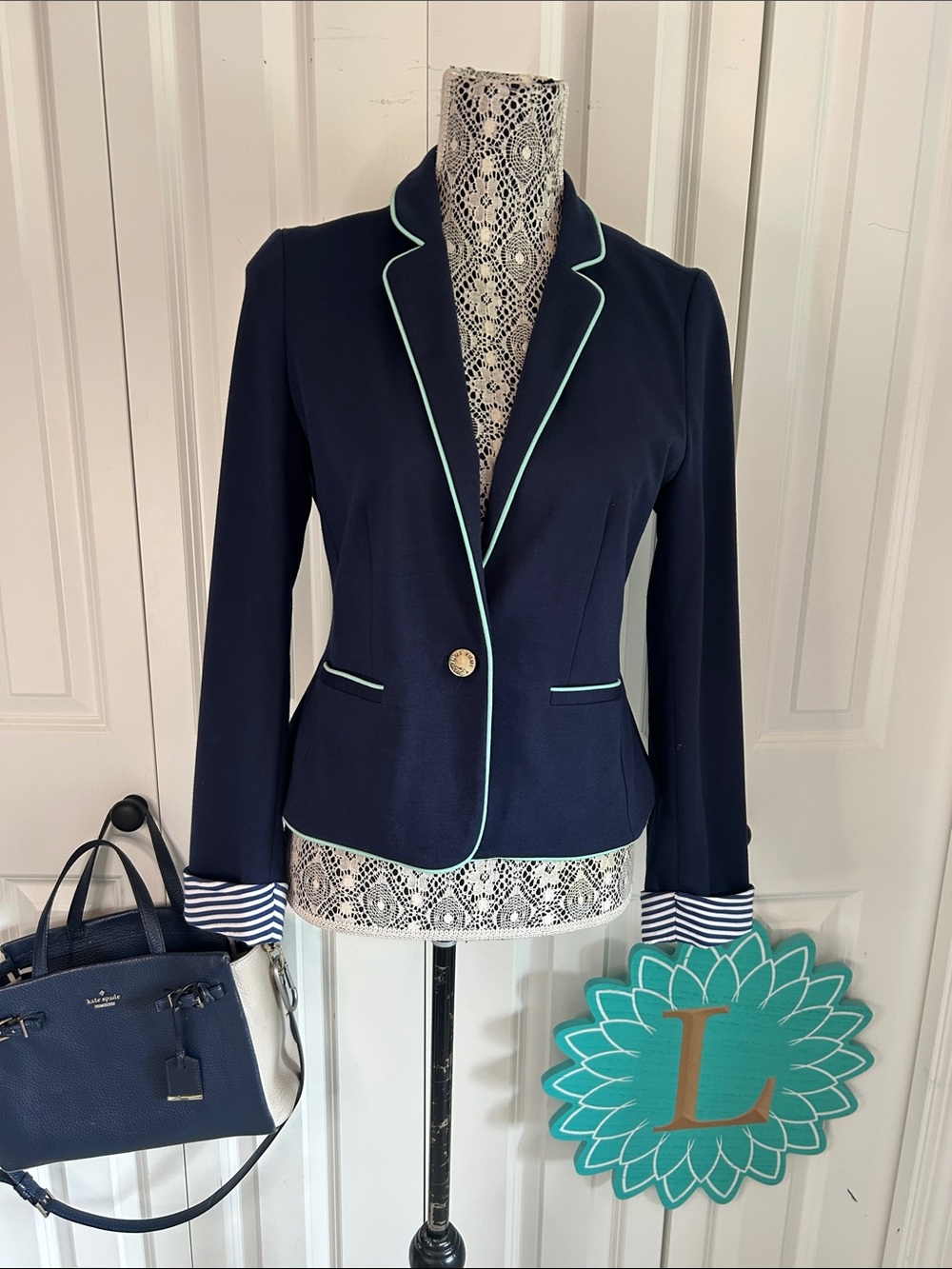 YUMI Nautical Navy Blazer with Mint Green Piping & Striped Lining